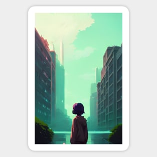 Cool Anime Girl in Streets Lofi Scenario Landscape Sticker